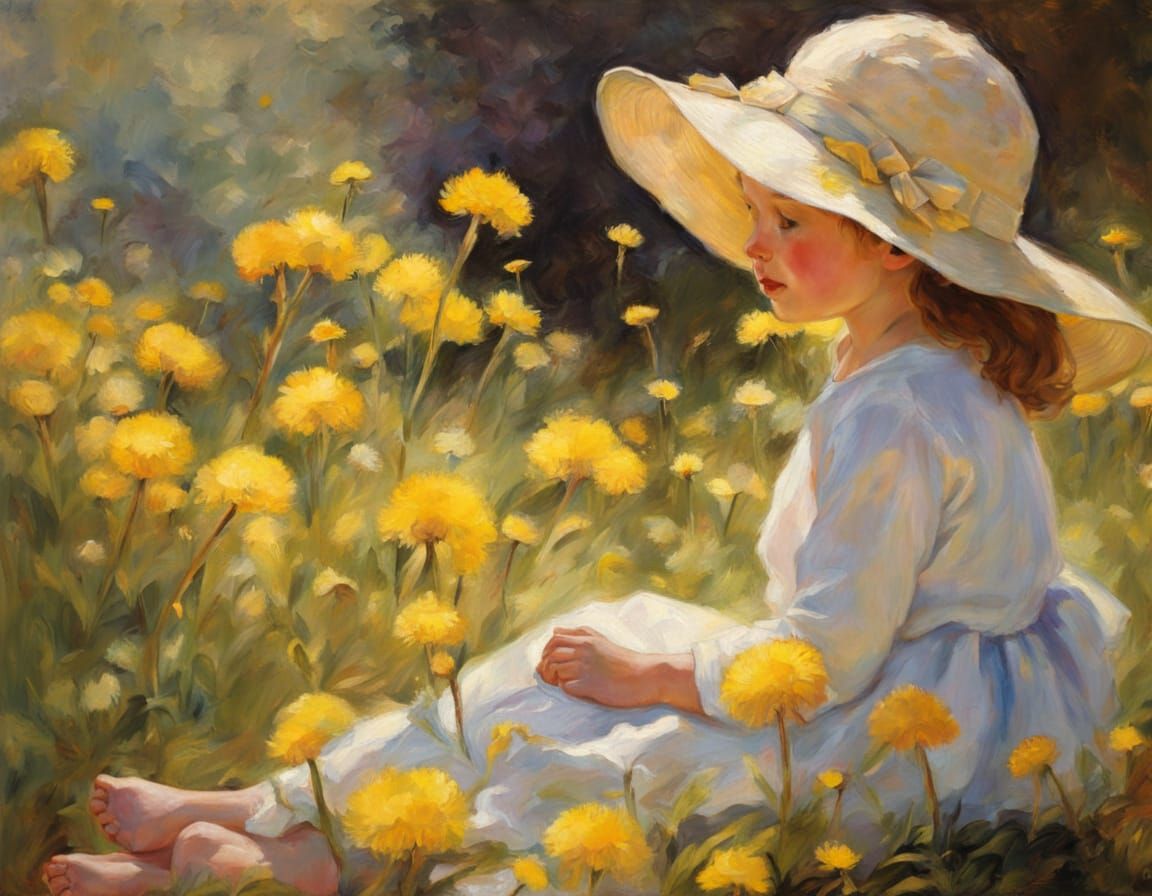 Child in Dandelion Hat on Sunny Porch