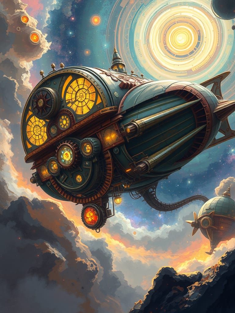 Majestic Steampunk Airship Soaring Through Nebula