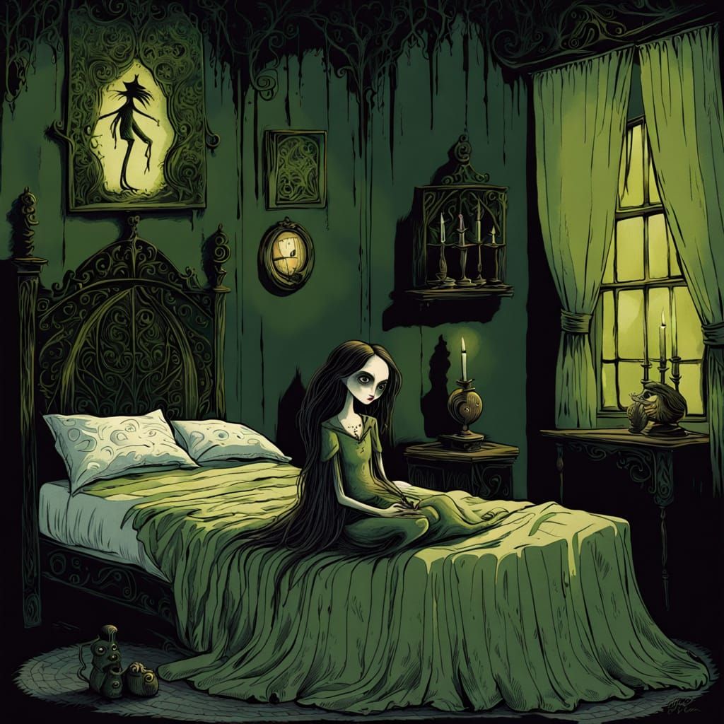 Gothic Whimsy: A Dark Fairy Tale Bedroom Scene