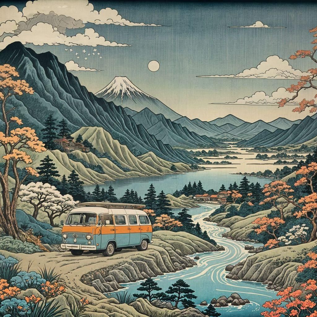Retro Van in Ukiyo-e Japanese Landscape