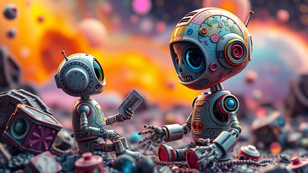 Vibrant Robot Playful Encounter in Cosmic Landscape