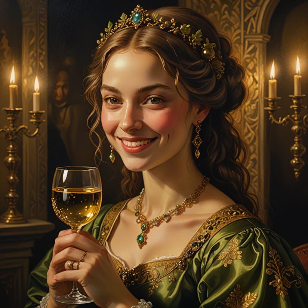 Girl with Wine Goblet in Renaissance Oil Painting Style