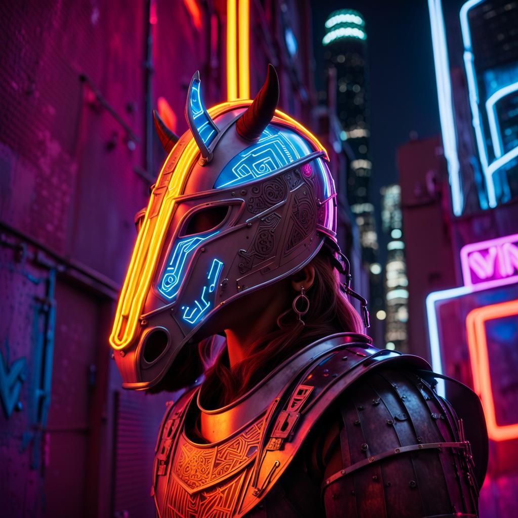 Cyberpunk Viking Horse in Neon Alleyway
