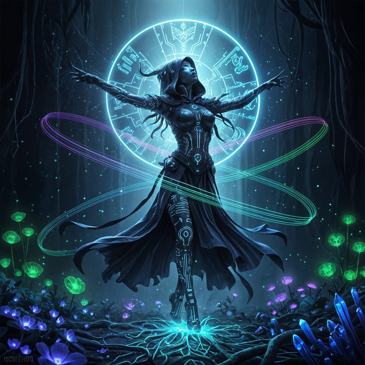 Ethereal Fantasy Woman Dancing in Bioluminescent Light