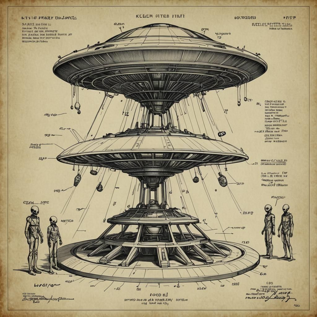 Alien Repairs UFO: Vintage Patent Drawing