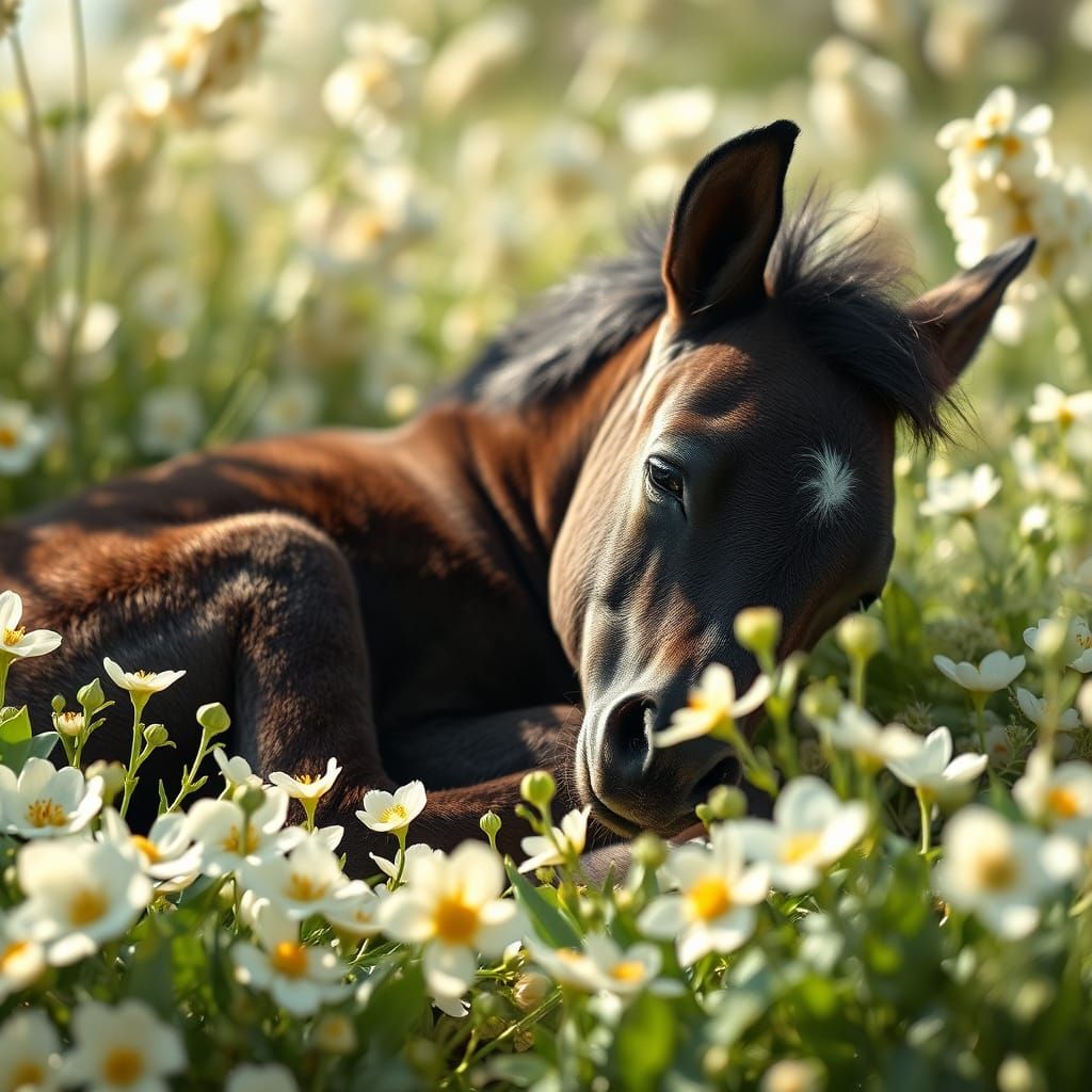 Surreal Springtime Mustang Foal in a Vibrant Garden Scene