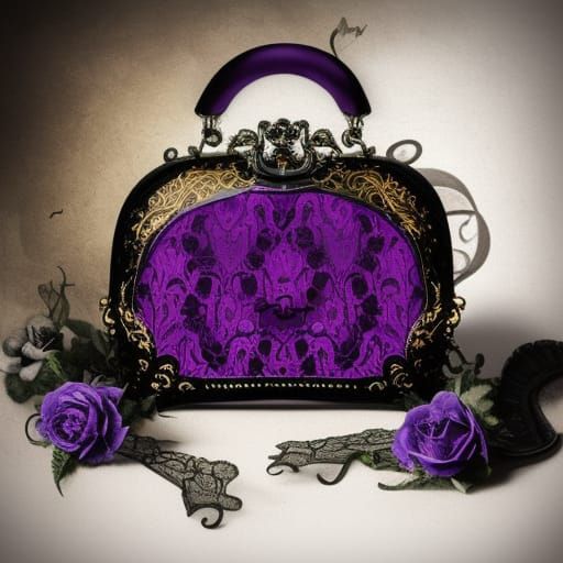 Victorian gothic black lace handbag with Vibrant purple accents with High quality details& elegant details& Victorian vi...