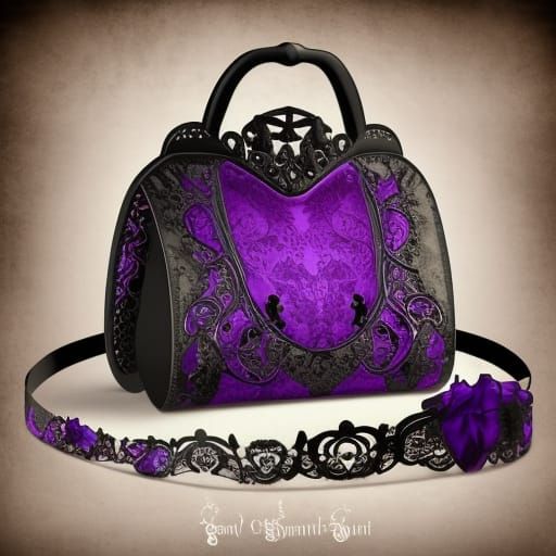 Victorian gothic black lace handbag with Vibrant purple accents with High quality details& elegant details& Victorian vi...