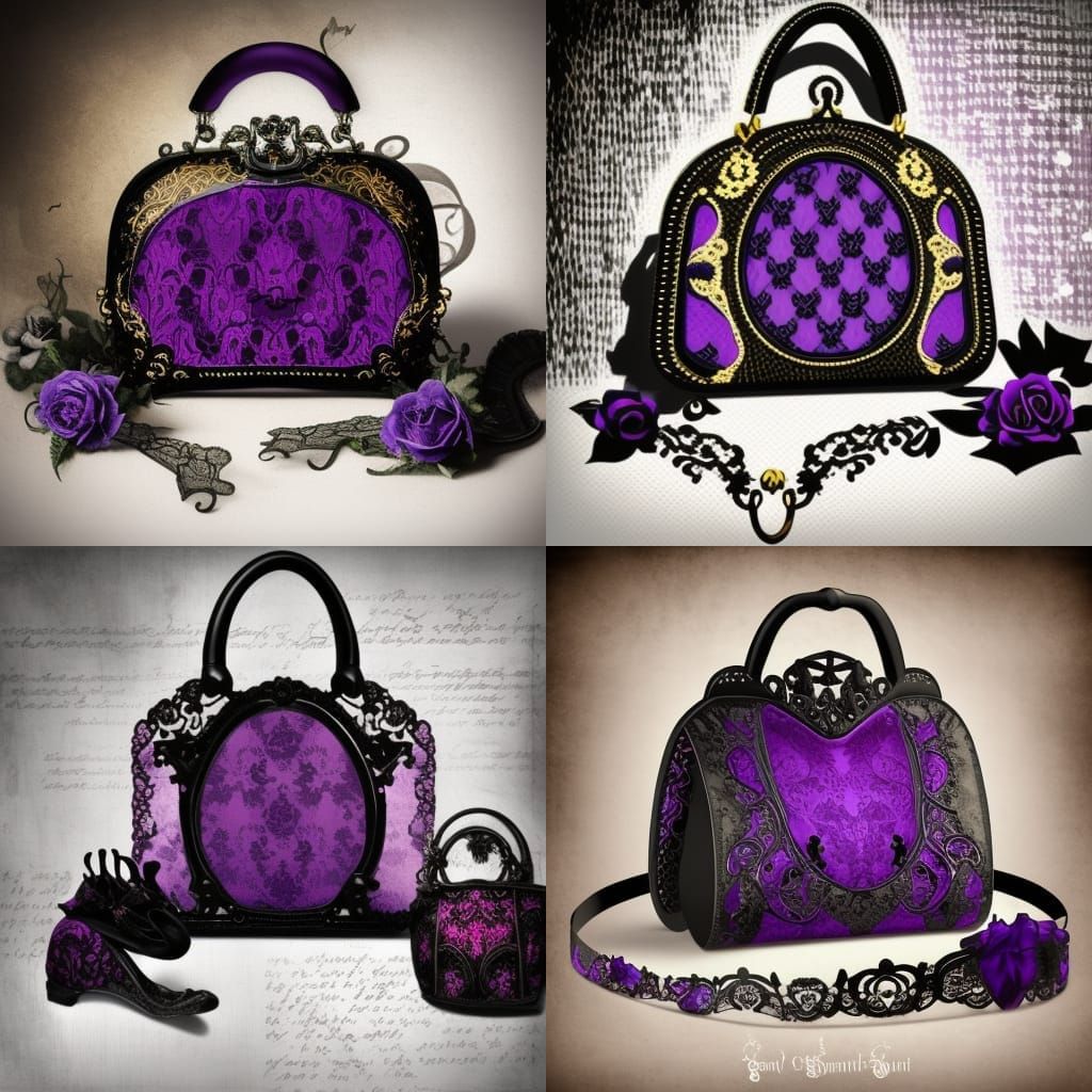 Victorian gothic black lace handbag with Vibrant purple accents with High quality details& elegant details& Victorian vi...