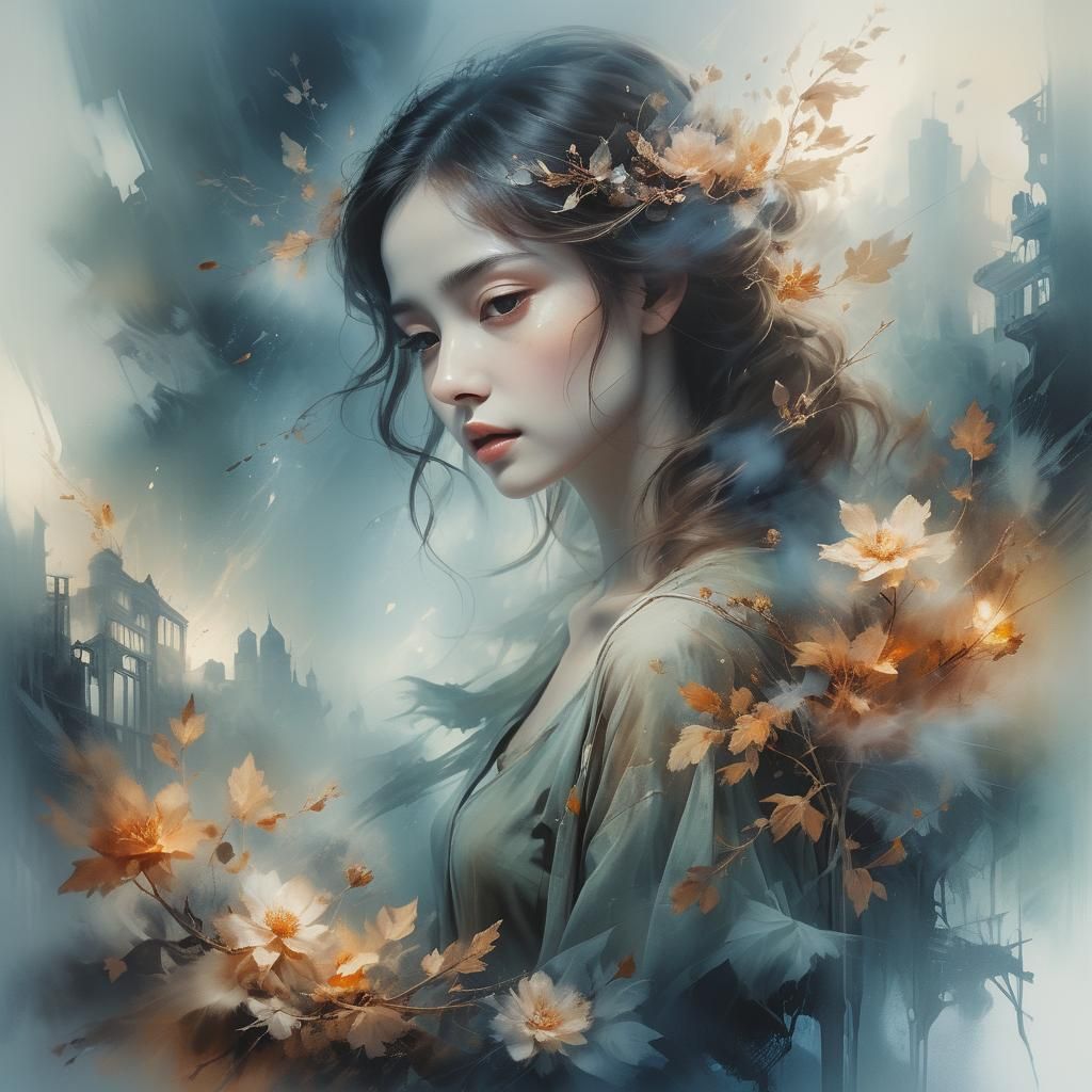 Cinematic Painting with Double Exposure in Sfumato Style