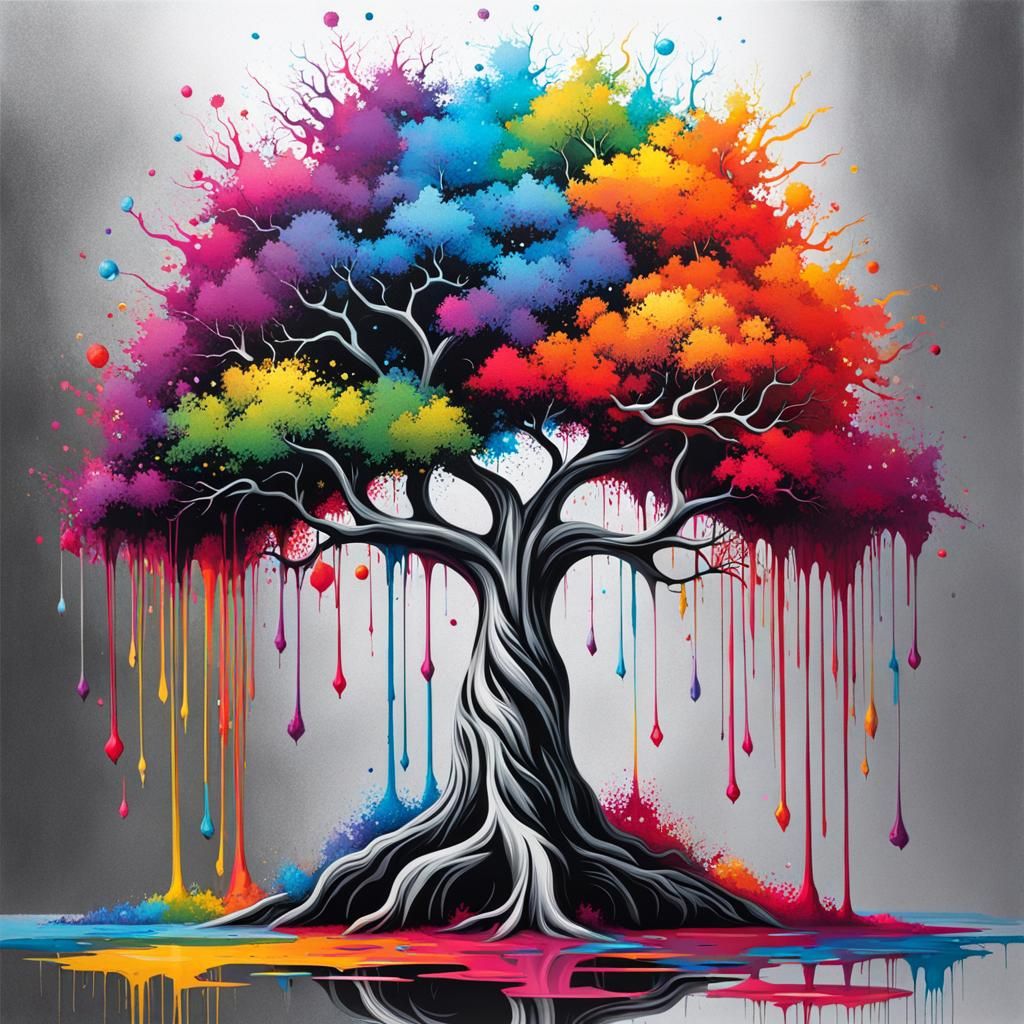 Silver Tree Graffiti Art in Spray Paint Style