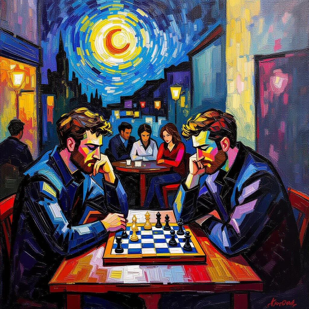 Men Play Chess Under Dramatic Lighting, Neo-Impressionist St...