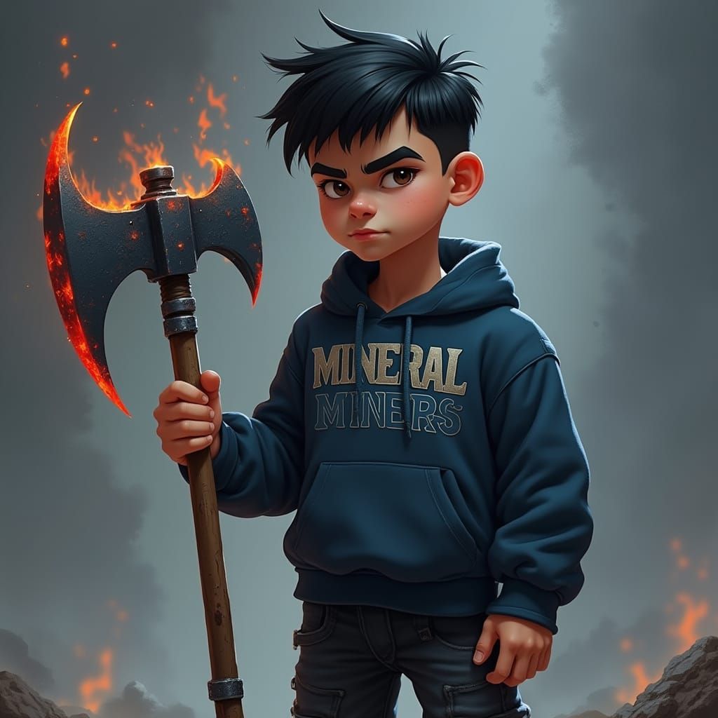 Heroic Miner Boy Radiates Inner Light in Dark Blue Jumper an...