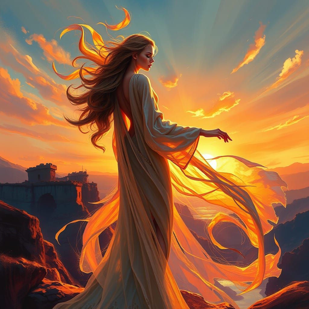Ethereal Fantasy Woman in Vibrant Sunset Scene, Thick Brush ...