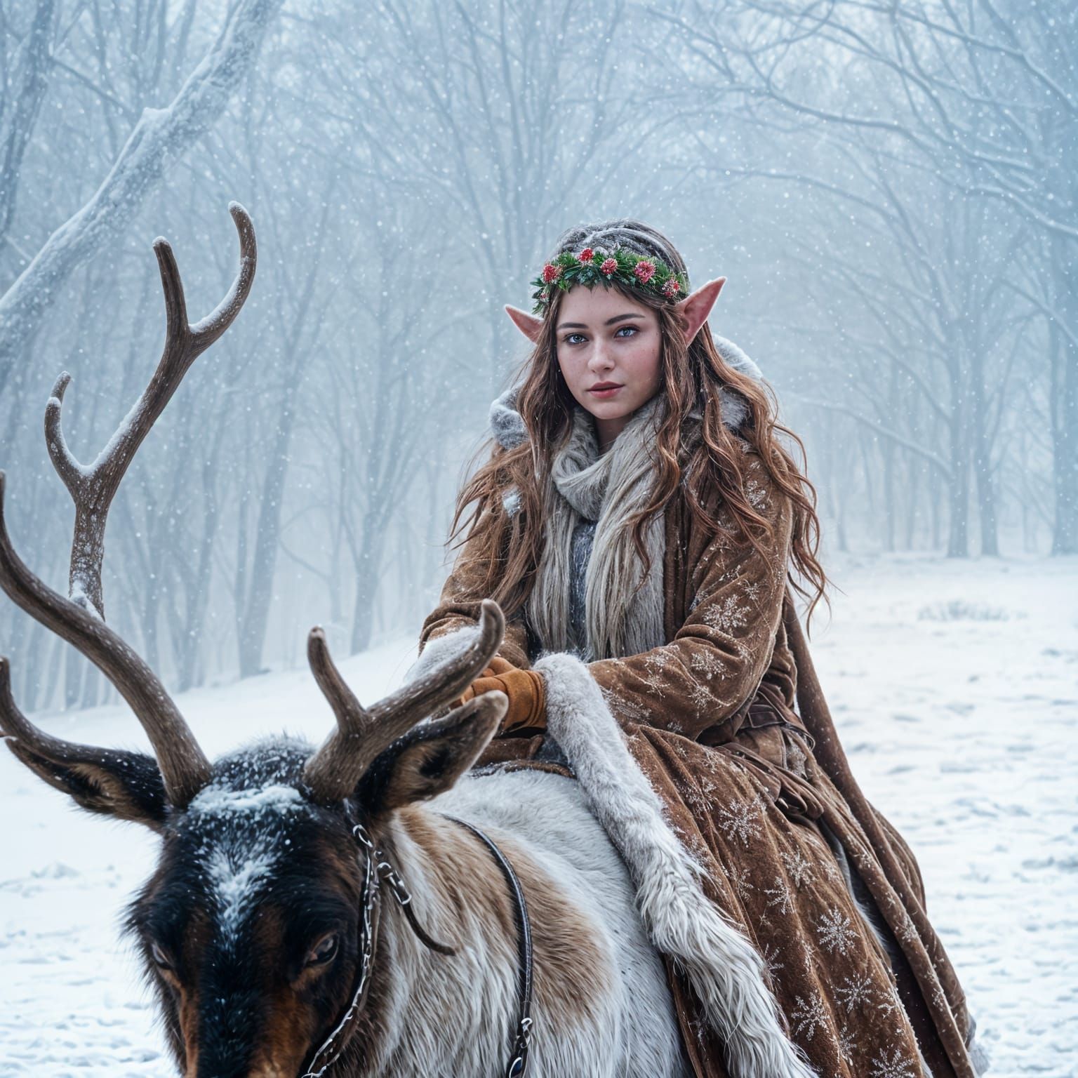 Hyperrealistic Elf Woman Riding Reindeer through Frosty Snow