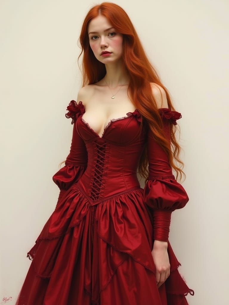 Woman in Red Gown, Pre-Raphaelite Style Portrait