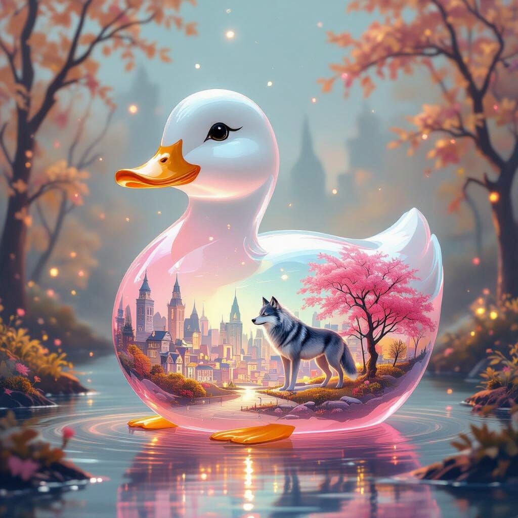Surreal Glowing Duck with Autumn Cityscape Inside
