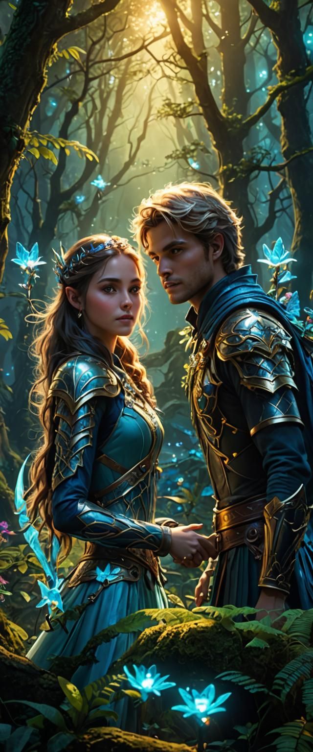 Fairy Prince and Princess in Bioluminescent Forest