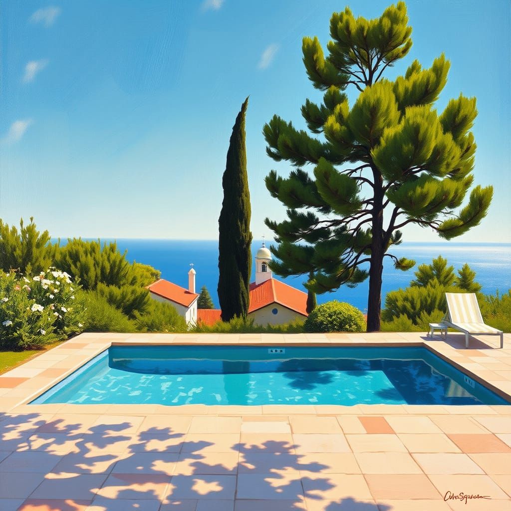 Serene Pool Scene in Abstract Oil Painting Style