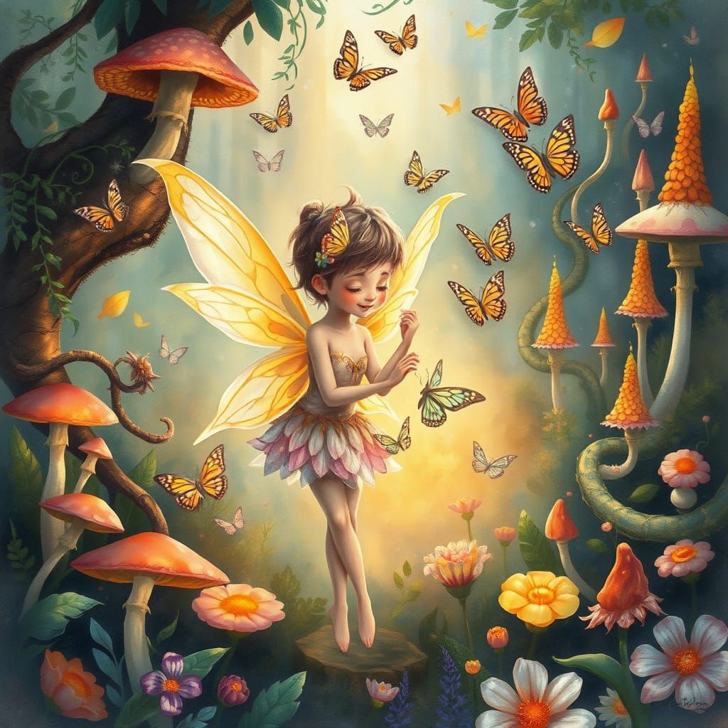 Whimsical Fairy Interacts with Butterflies in Vibrant Magica...