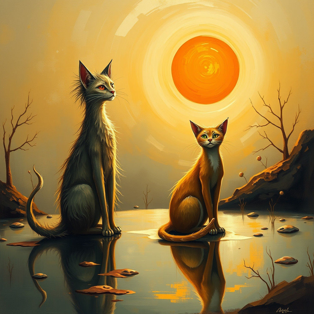 Surreal Cats in Dreamlike Landscape