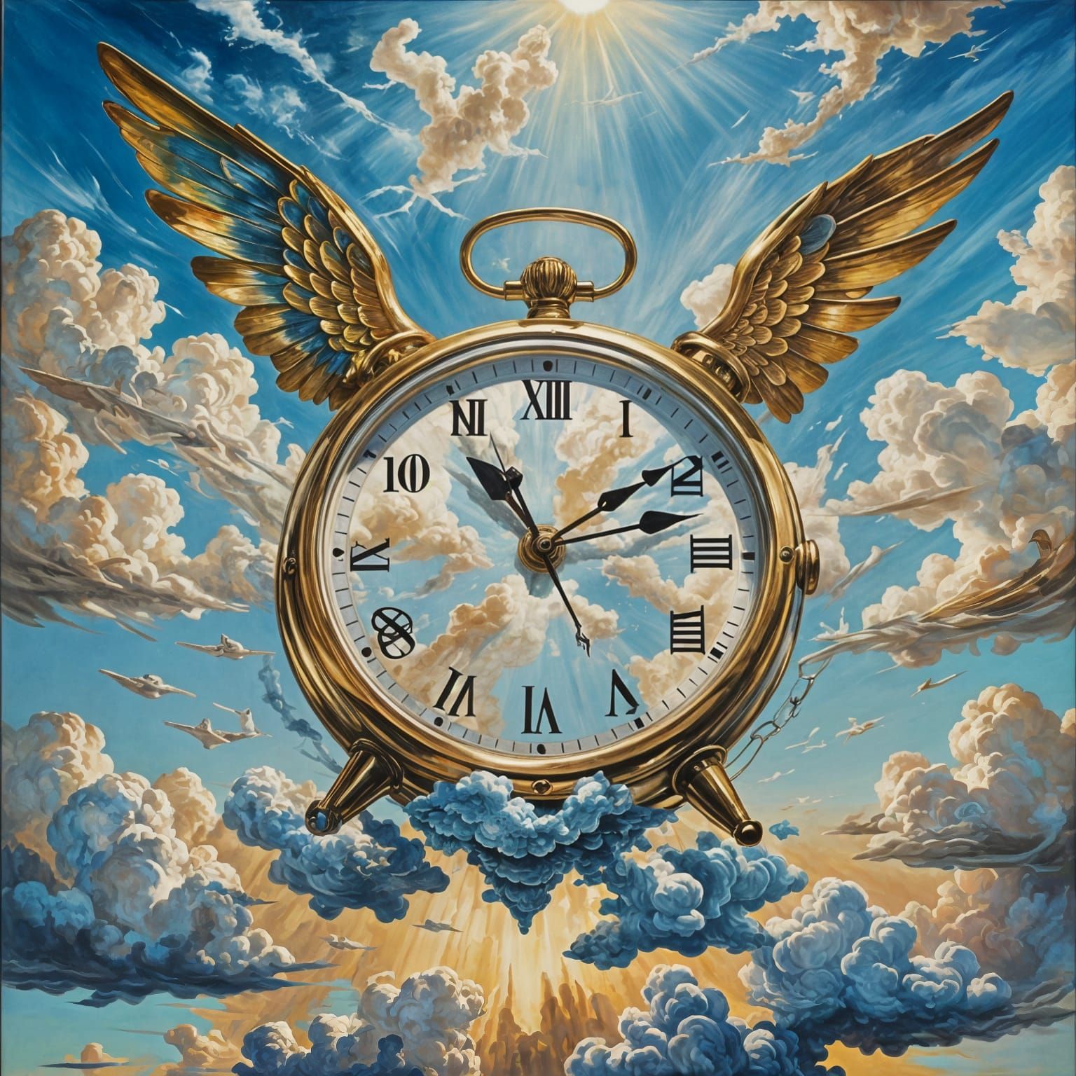 Surreal Winged Clock Soaring in Dreamy Sky