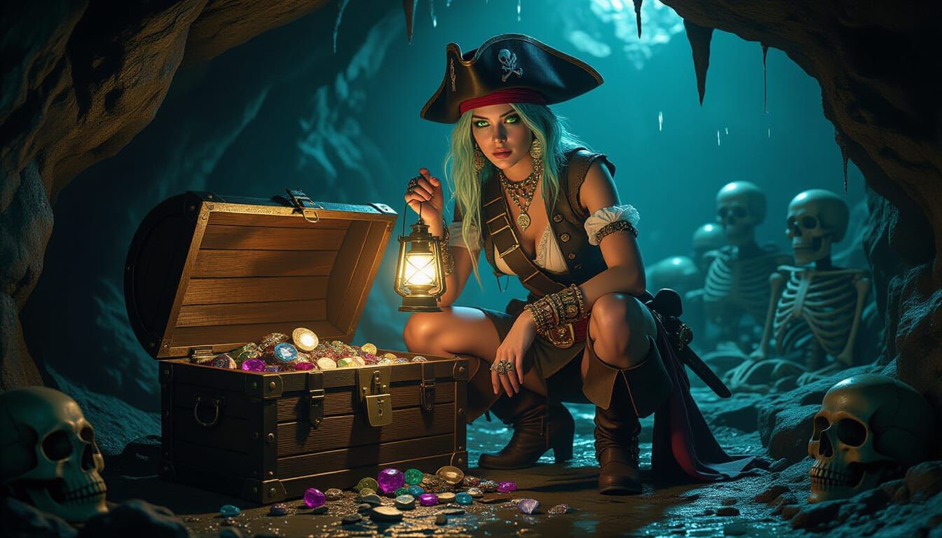 Swashbuckler Discovering Treasure in Pirate Cave