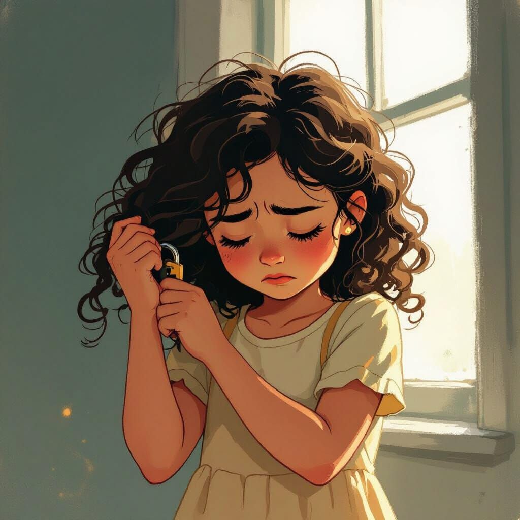 Girl Distressed by Curly Hair in Expressive Illustration Sty...