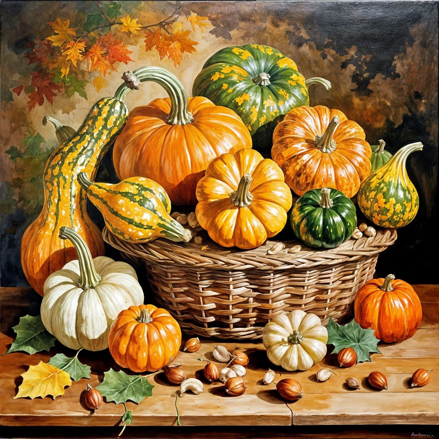 Autumn Still Life Painting of Gourds and Fruit