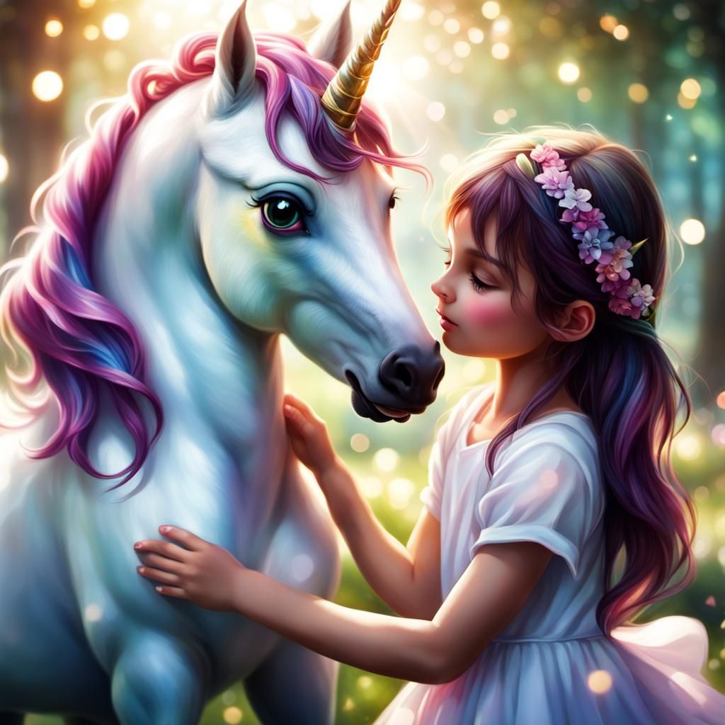 Girl and Unicorn Playing in Summer Sunlight