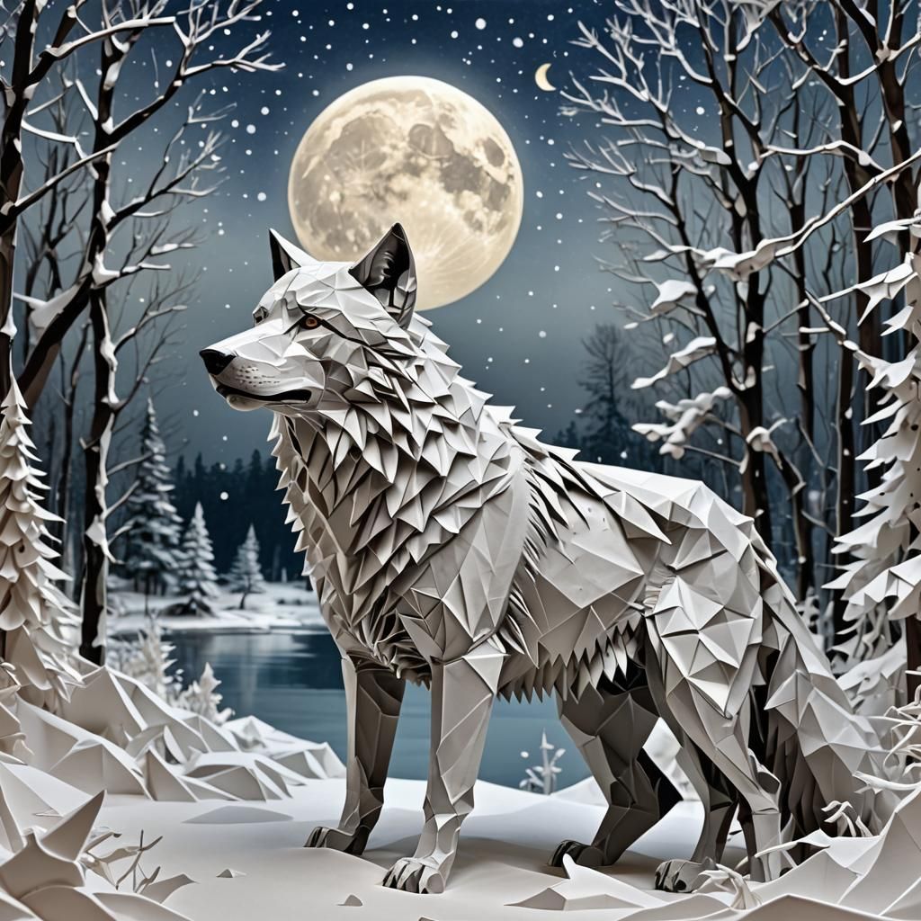 Origami Wolf Howling at Moon in Snowy Forest