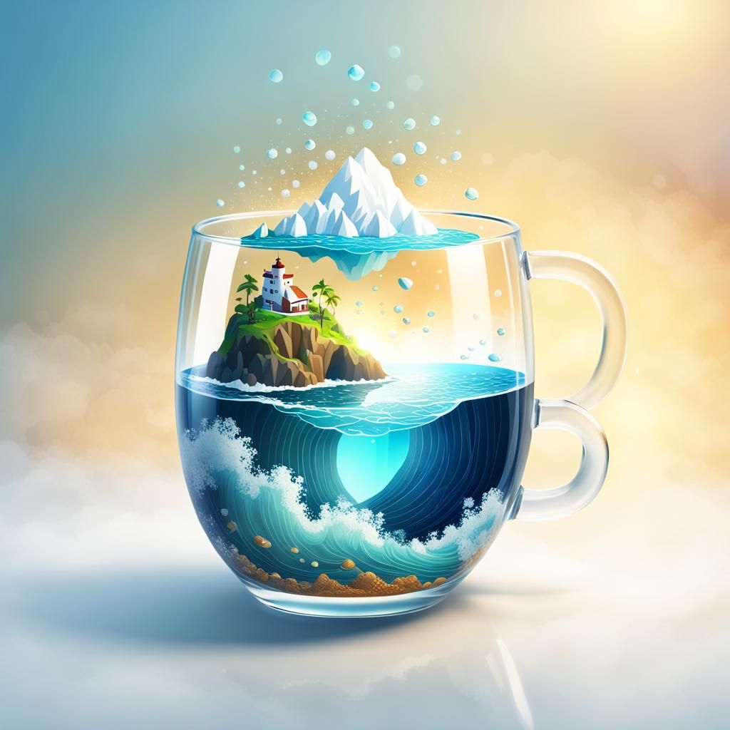 Isometric Sea in Glass Mug with Ship and Waterfall