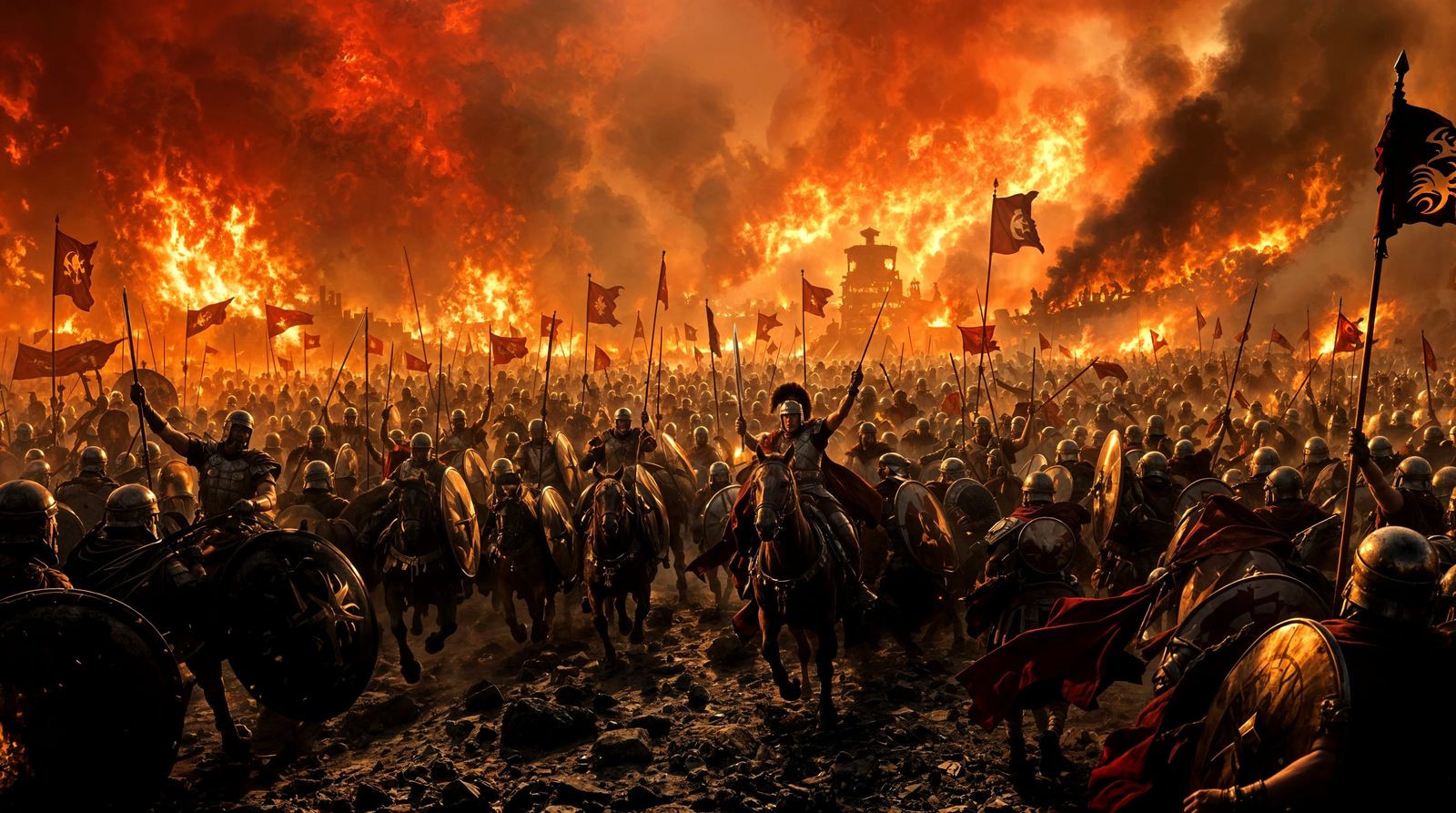 Roman Legion Charges Across Burning Battlefield