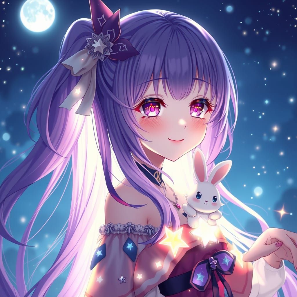 Magical Anime Girl with Bunny in Dreamy Moonlight