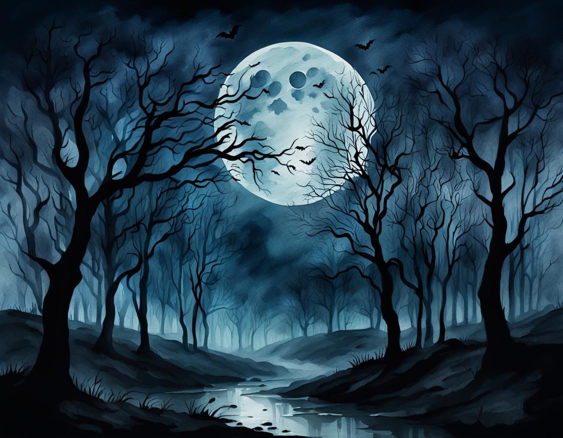 Eerie Halloween Landscape Under Lunar Eclipse in Watercolor