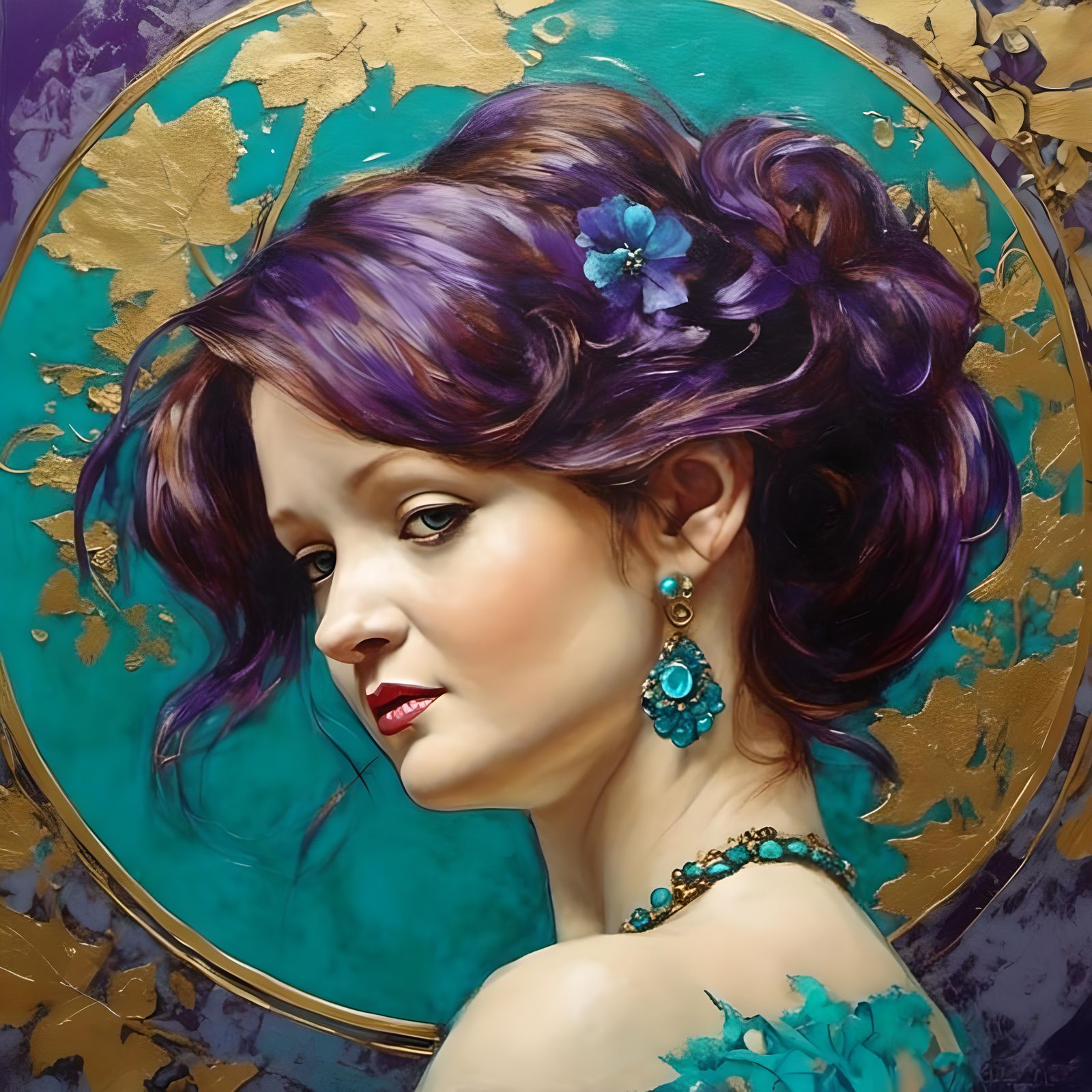Art Nouveau Portrait in Purple, Turquoise and Gold