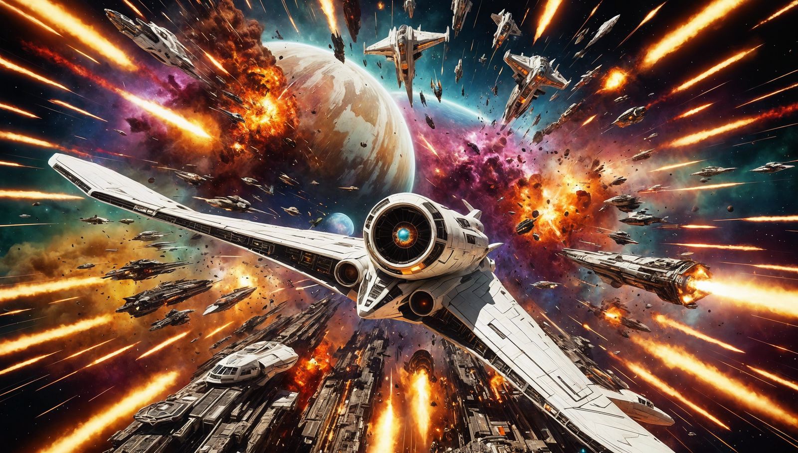 Art Deco Starship Escapes Explosions in Space Battle