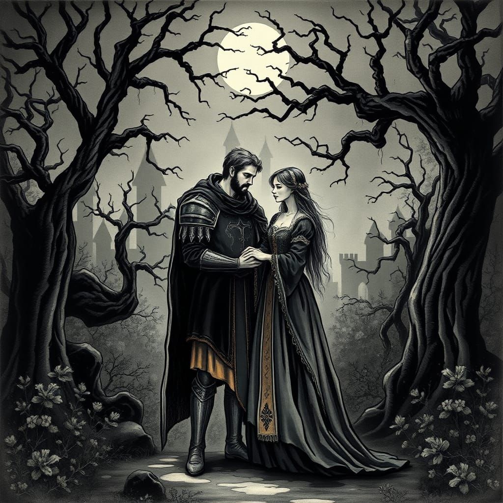 Knight and Wife in Moonlit Garden, as Ink Wash Painting