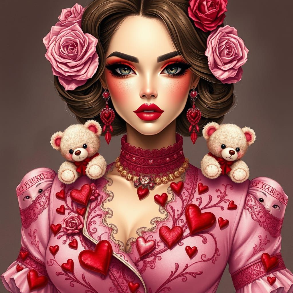 Glamorous French Couture Model in Dark Pink and Red Embroide...