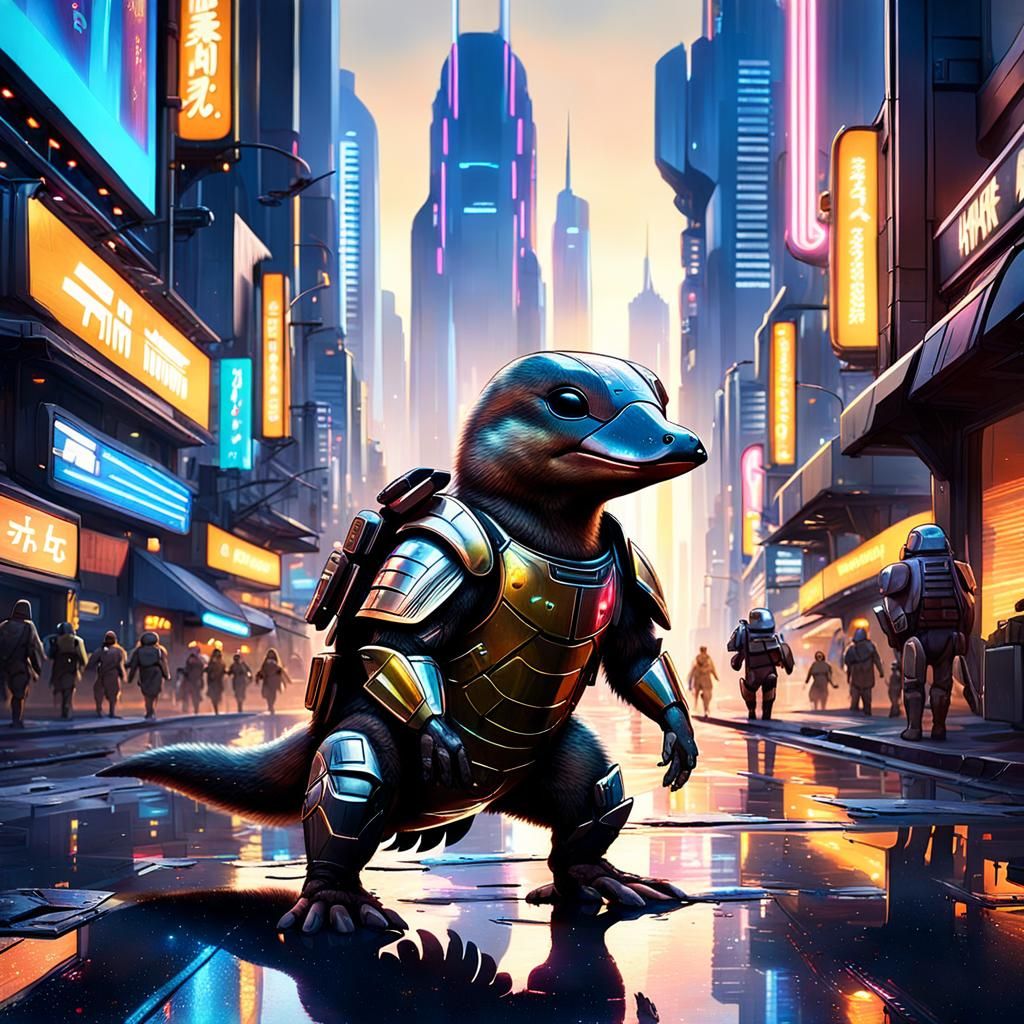 Armored Platypus in Neon Cityscape