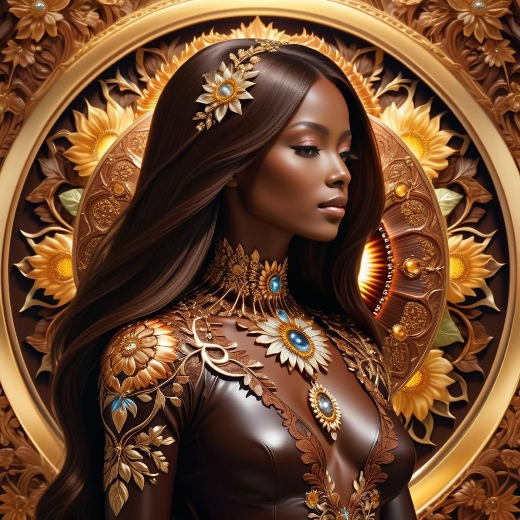 Botanical Woman in Chocolate Dress with Sunbeams