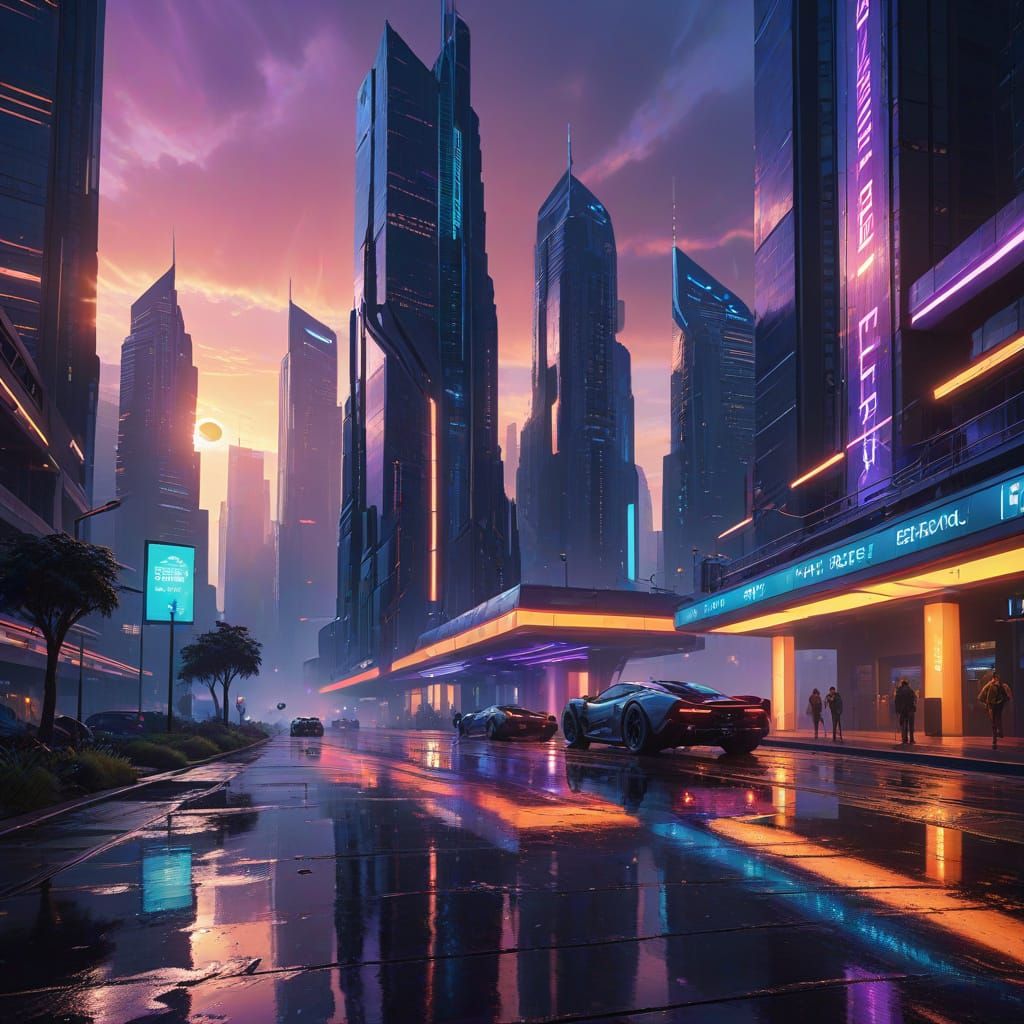 Epic Futuristic Cityscape at Sunset