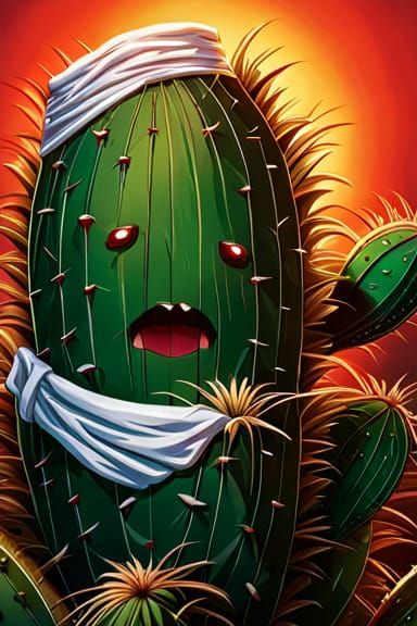 Crying Cactus with Bandages in Detailed Matte Painting