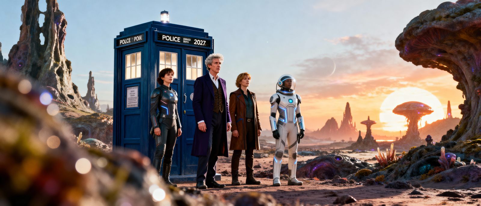 Doctor Who TARDIS and Companions on Alien Worlds