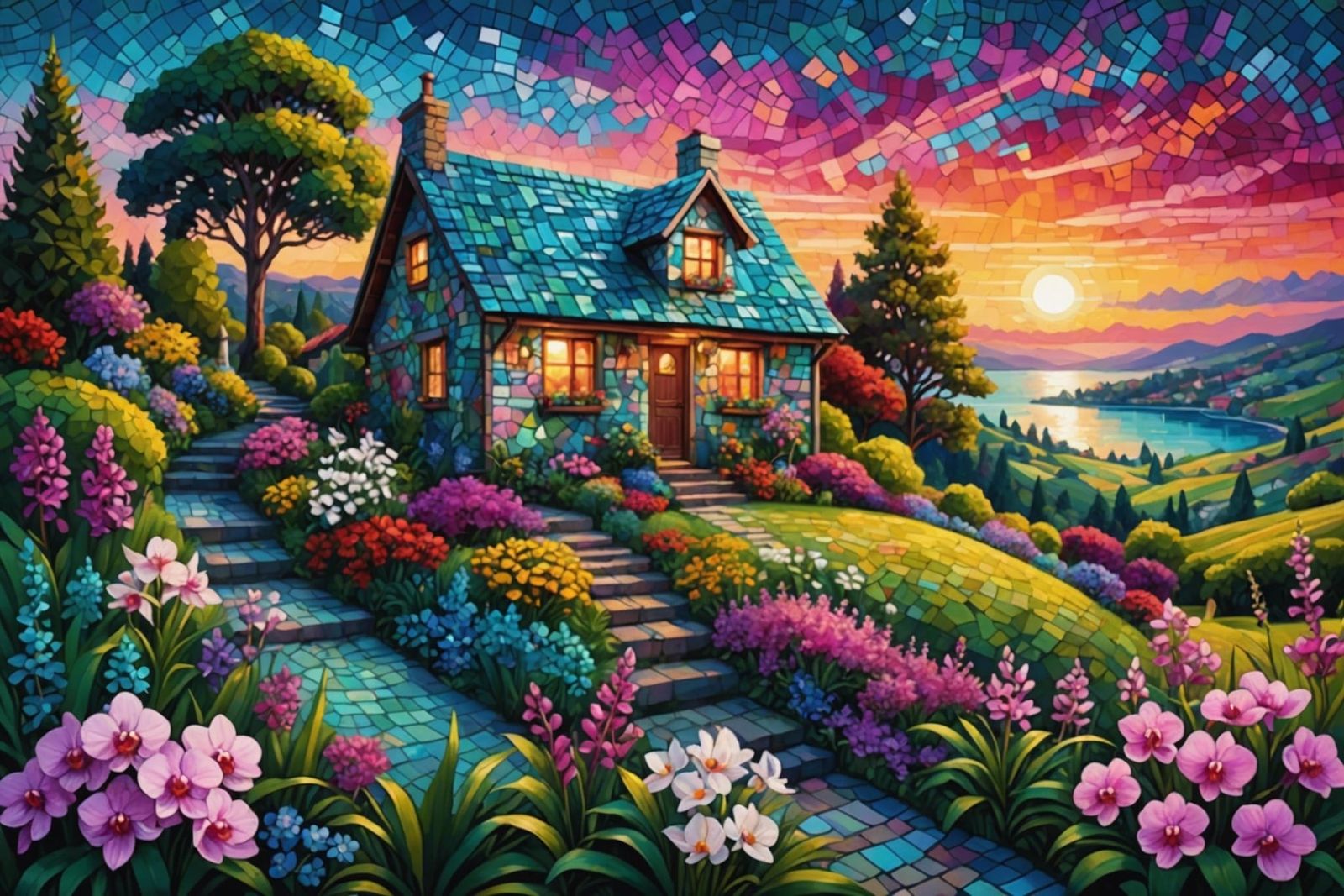 Pixelated Country Scene in Mosaic Design