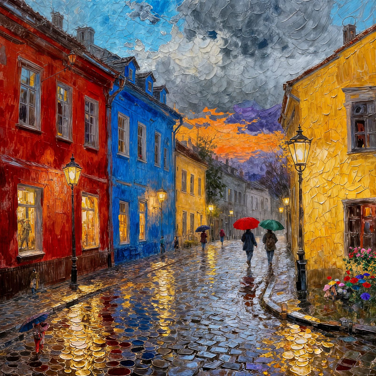 Rainy European Street with Golden Lantern Light
