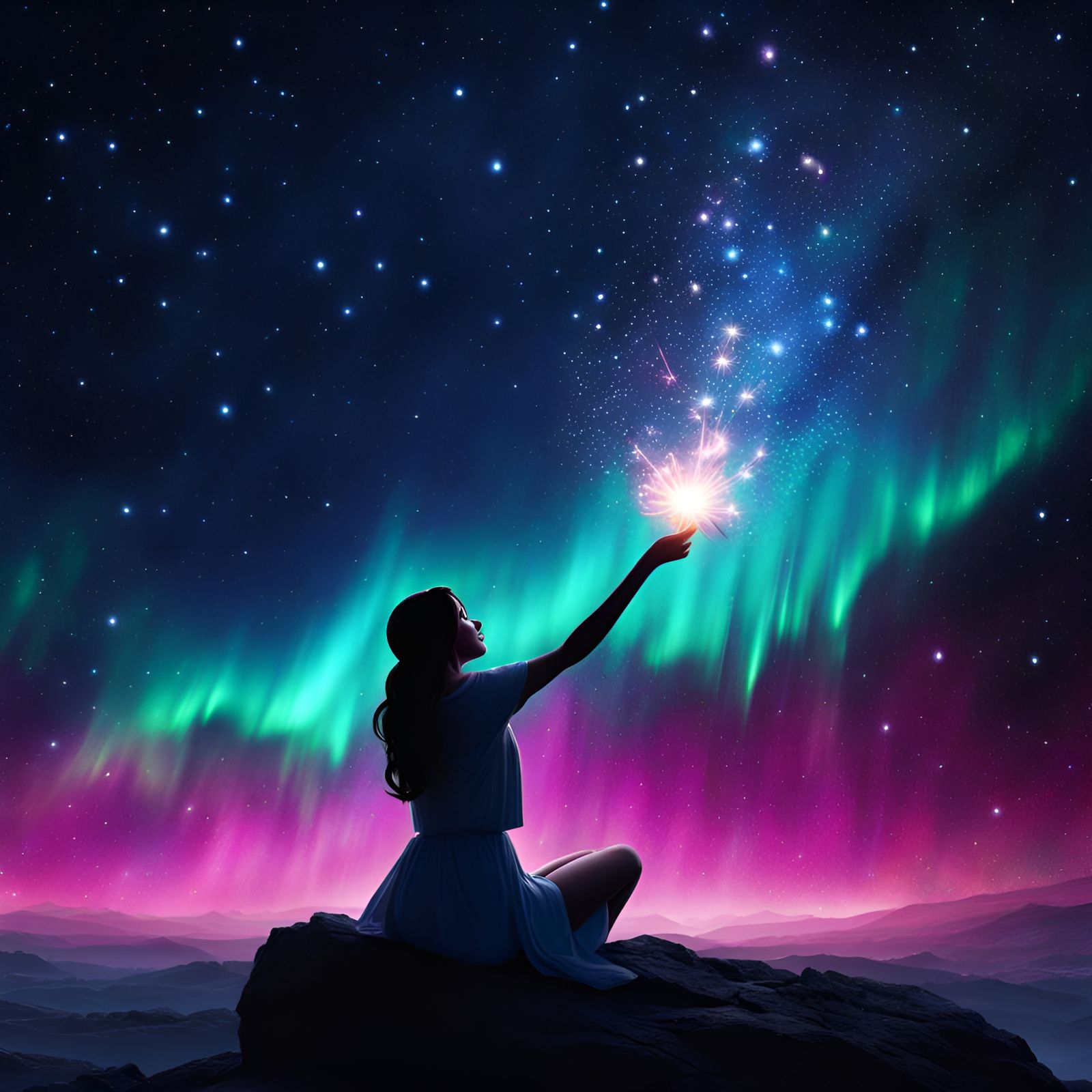 Woman's Wish Under Aurora Sky: 3D Render