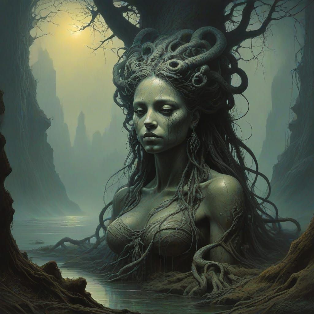 Mystical Gorgon Medusa Confronts Dark, Twisted Realm