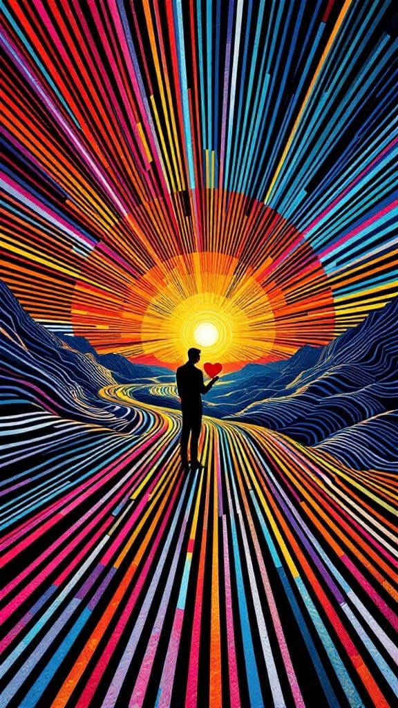 Vibrant Geometric Sunset with Striped Mosaic Man