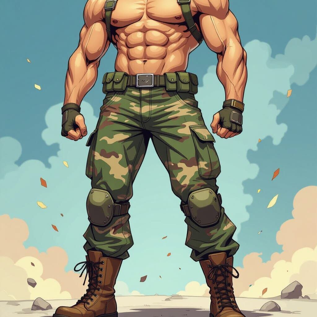 Muscular Blond Man in Camouflage, Webtoon Style